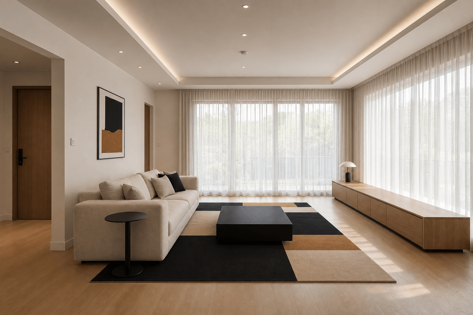 Modern Living Room Anchored by a Graphic Rug
