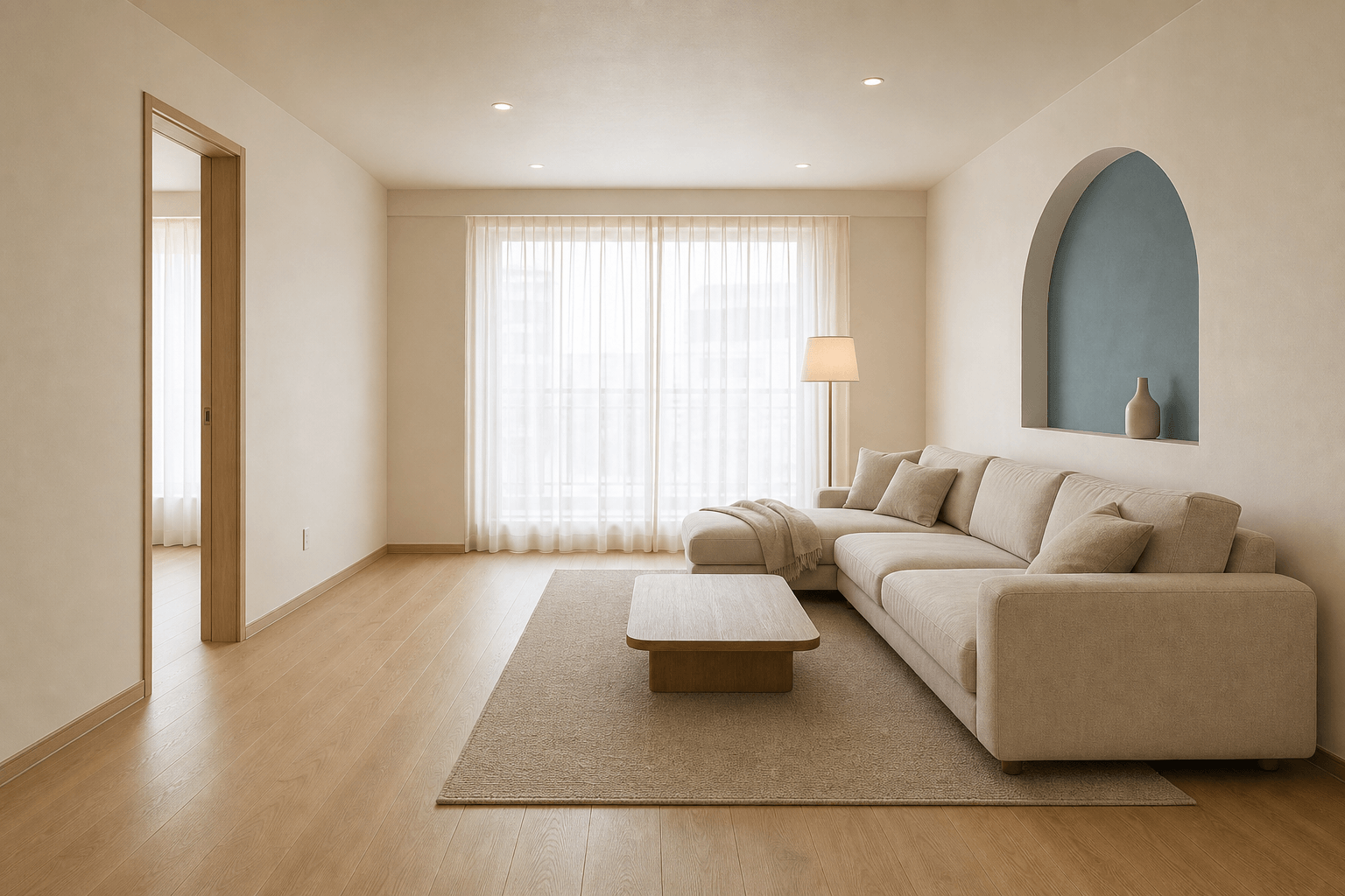 Ivory living room wall with a small dusty blue niche