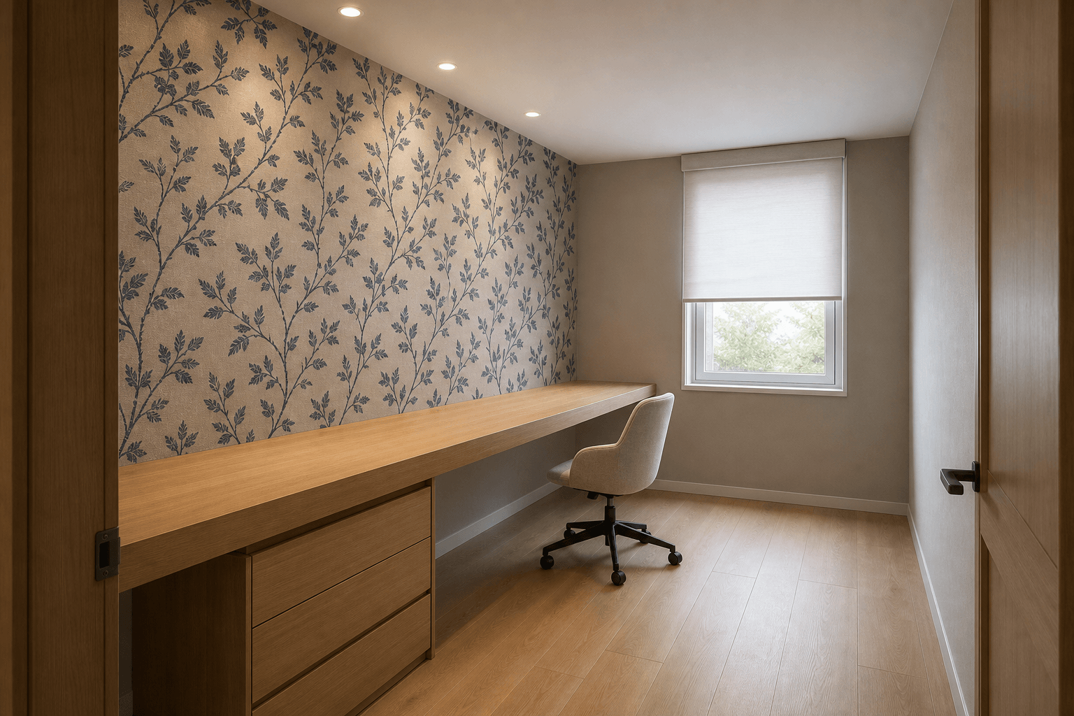 Reading Nook with Ink-Blue Vines and an Oak Desk