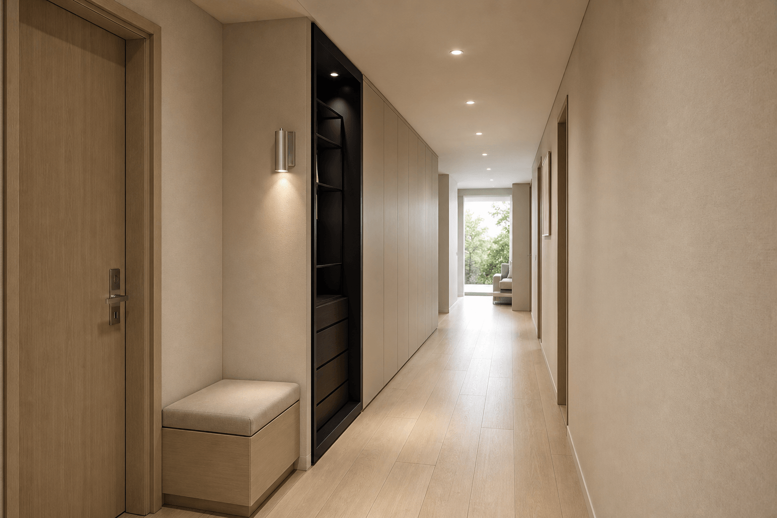 A Hallway with a Dark Frame and Chrome Wall Light
