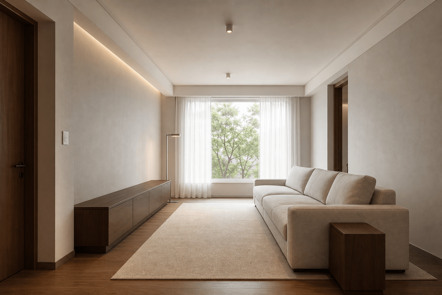 Walnut Storage, Linen Sofa, and One Metal Light