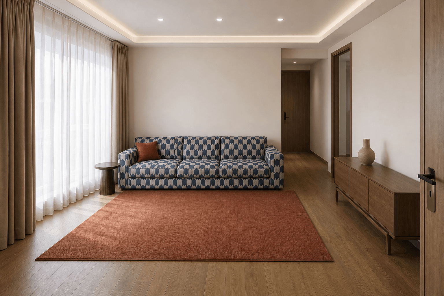 Living Room with Blue-and-Cream Geometric Upholstery