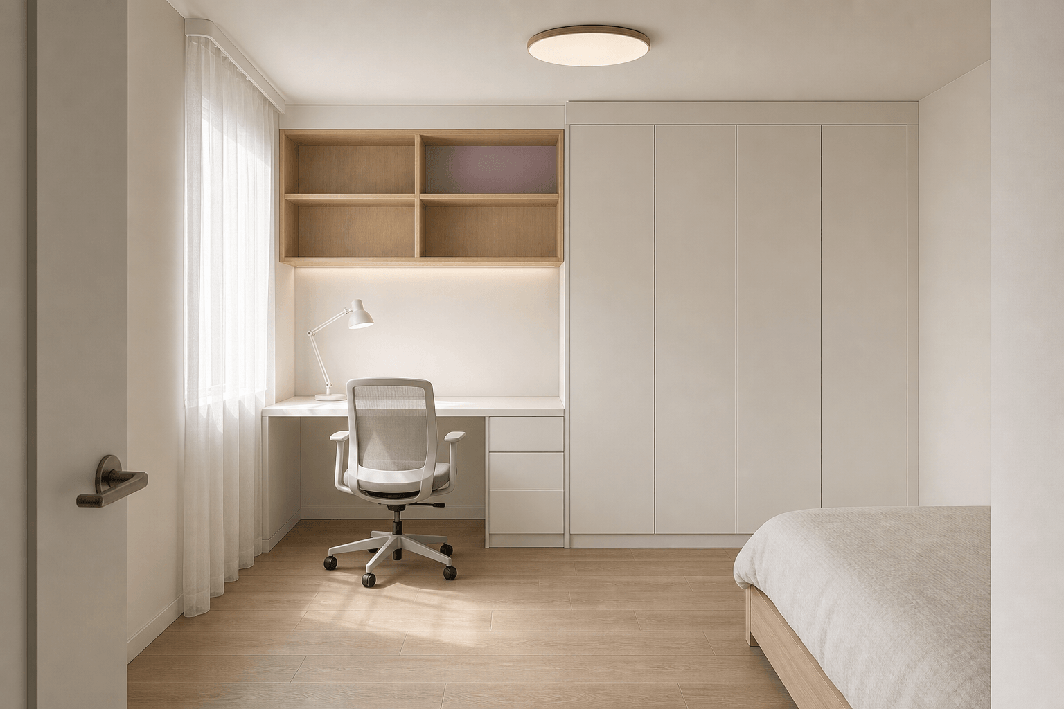 Workspace with a white desk and smoky lavender back panel inside open shelving