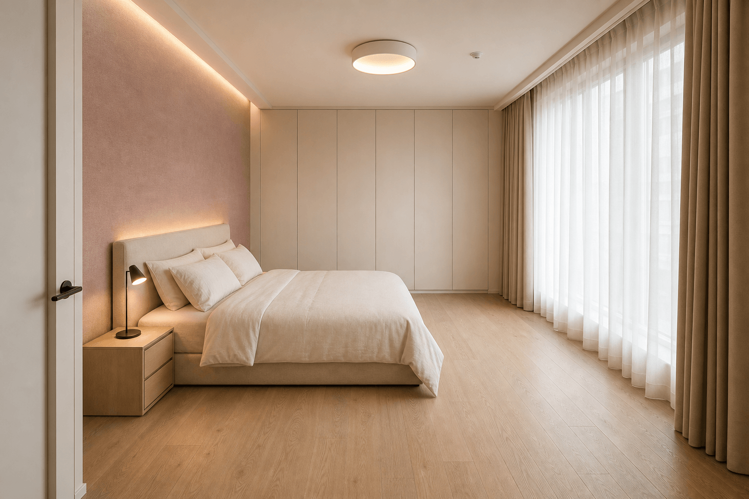Bedroom with a low-saturation dusty blush wall and cream bedding
