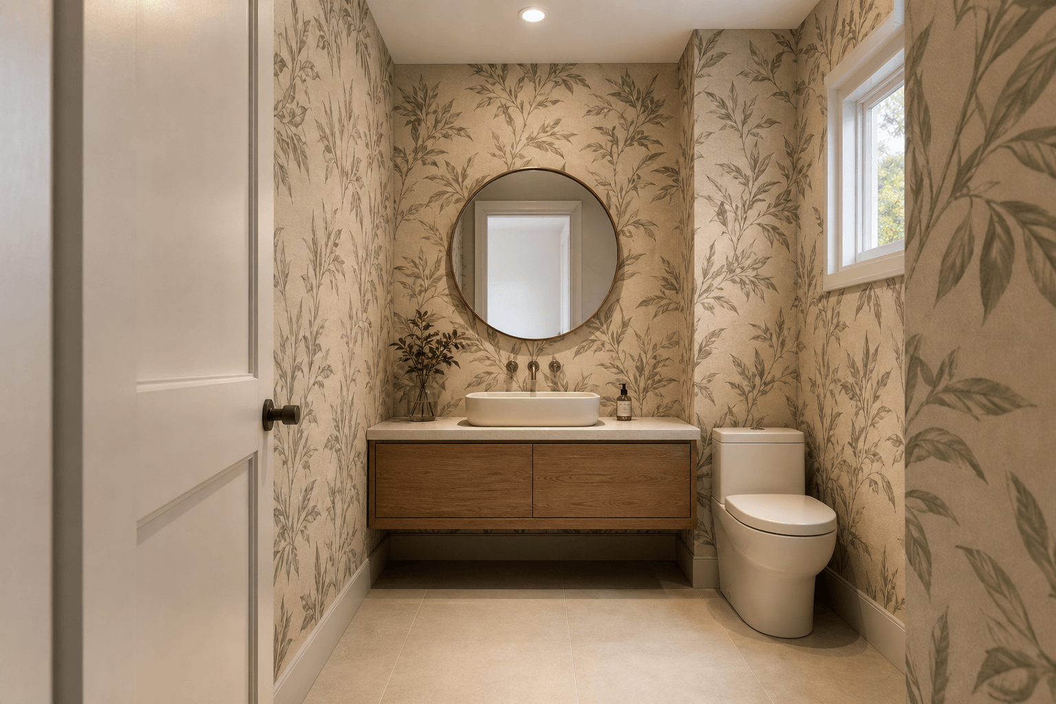 Small Powder Room Wrapped in Botanical Wallpaper