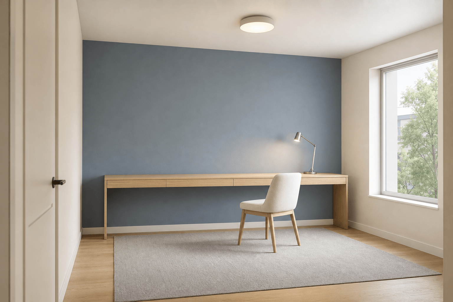 Muted Blue Wall with a Brushed-Nickel Task Lamp