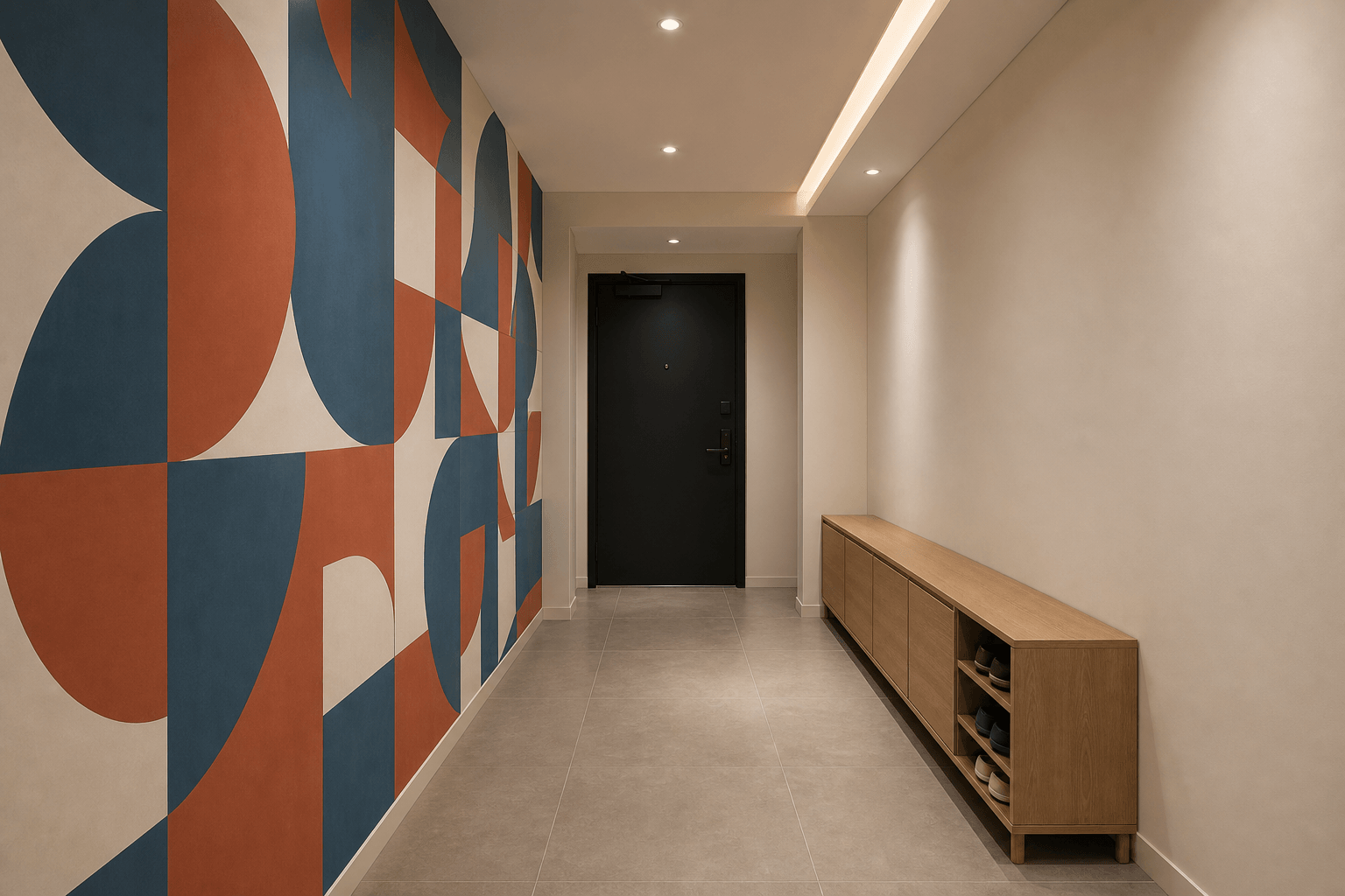Entryway with Blue and Terracotta Geometric Wallpaper