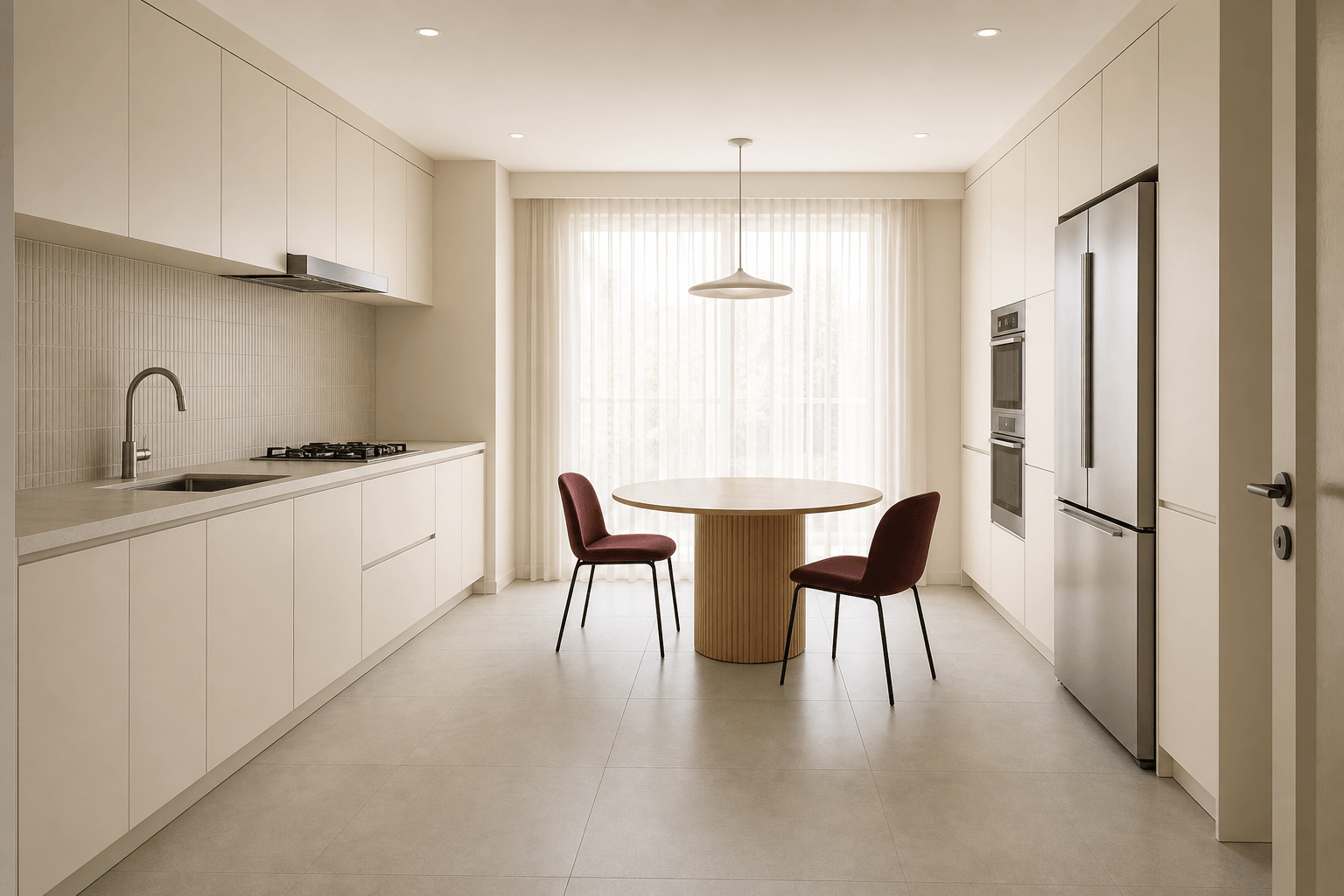 Cream-tone kitchen and dining table with two burgundy chairs