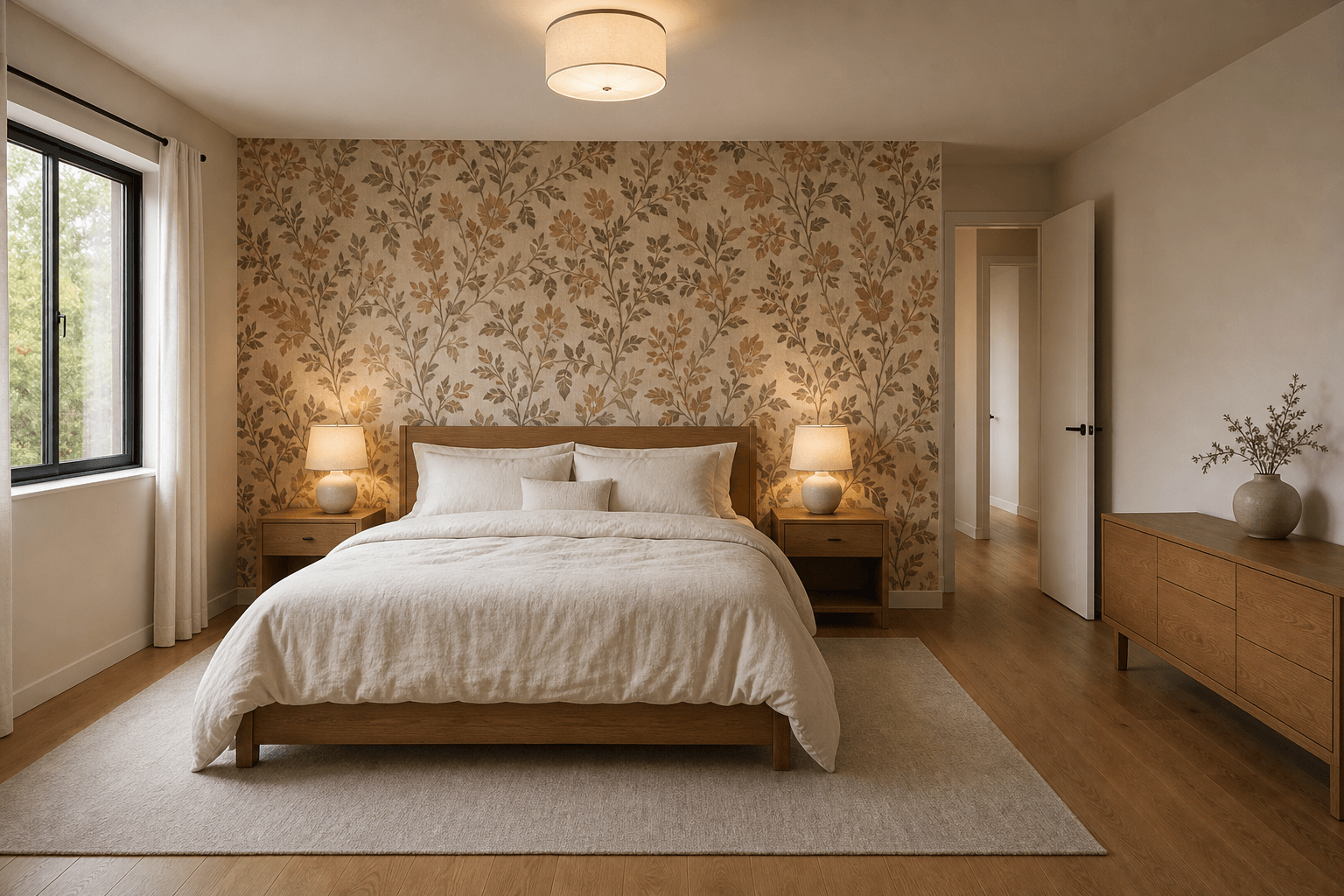 Bedroom with Clay-and-Olive Wallpaper and Ivory Bedding