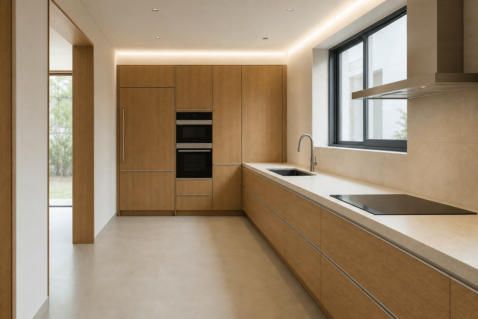 Kitchen with Oak Cabinets and Slim Brushed-Nickel Pulls