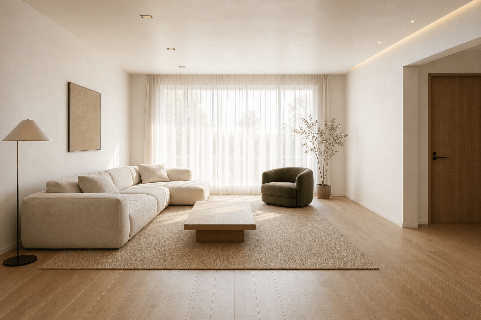 Warm white living room with light oak flooring and an olive green chair
