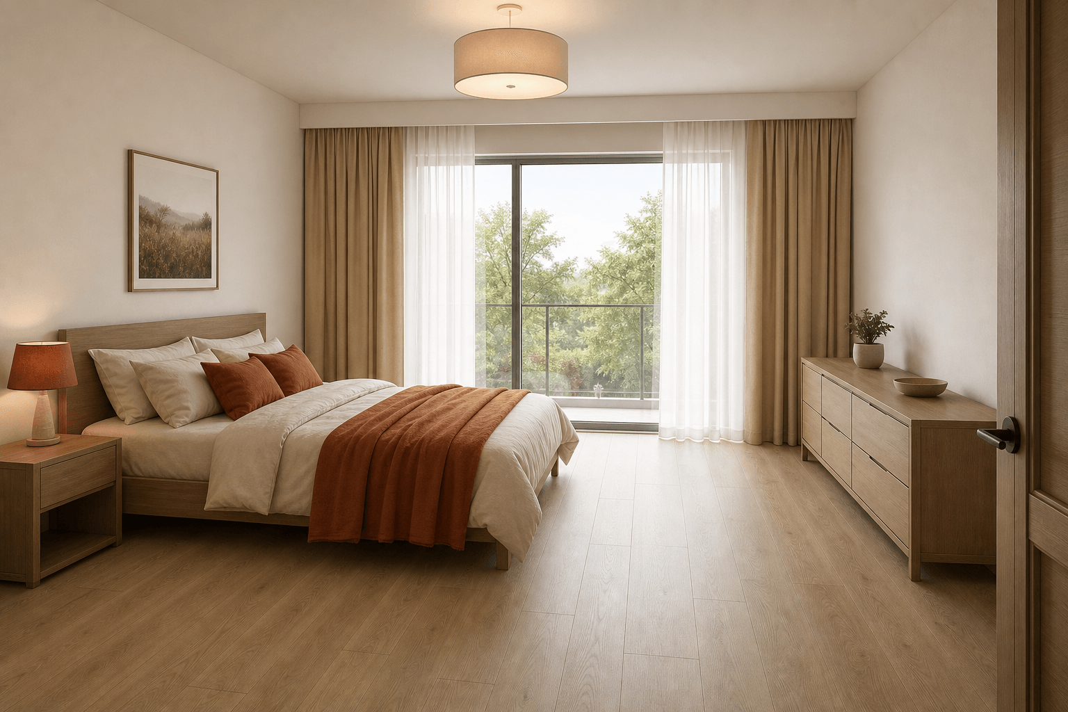 Cream-tone bedroom with terracotta blanket and cushions as accents