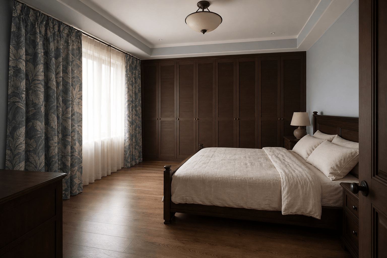 Bedroom Framed by Blue-Gray Botanical Curtains