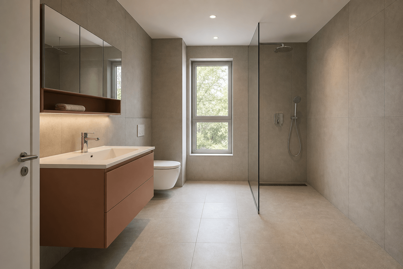 Greige bathroom with a dusty rose lower vanity