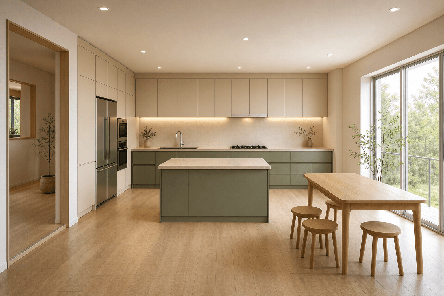 Cream-tone kitchen with sage green lower cabinets and oak furniture