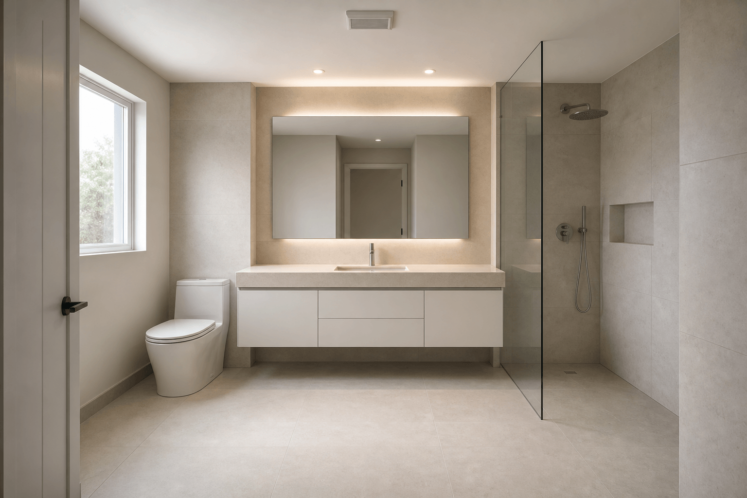 Cream Stone Vanity with a Brushed-Silver Faucet