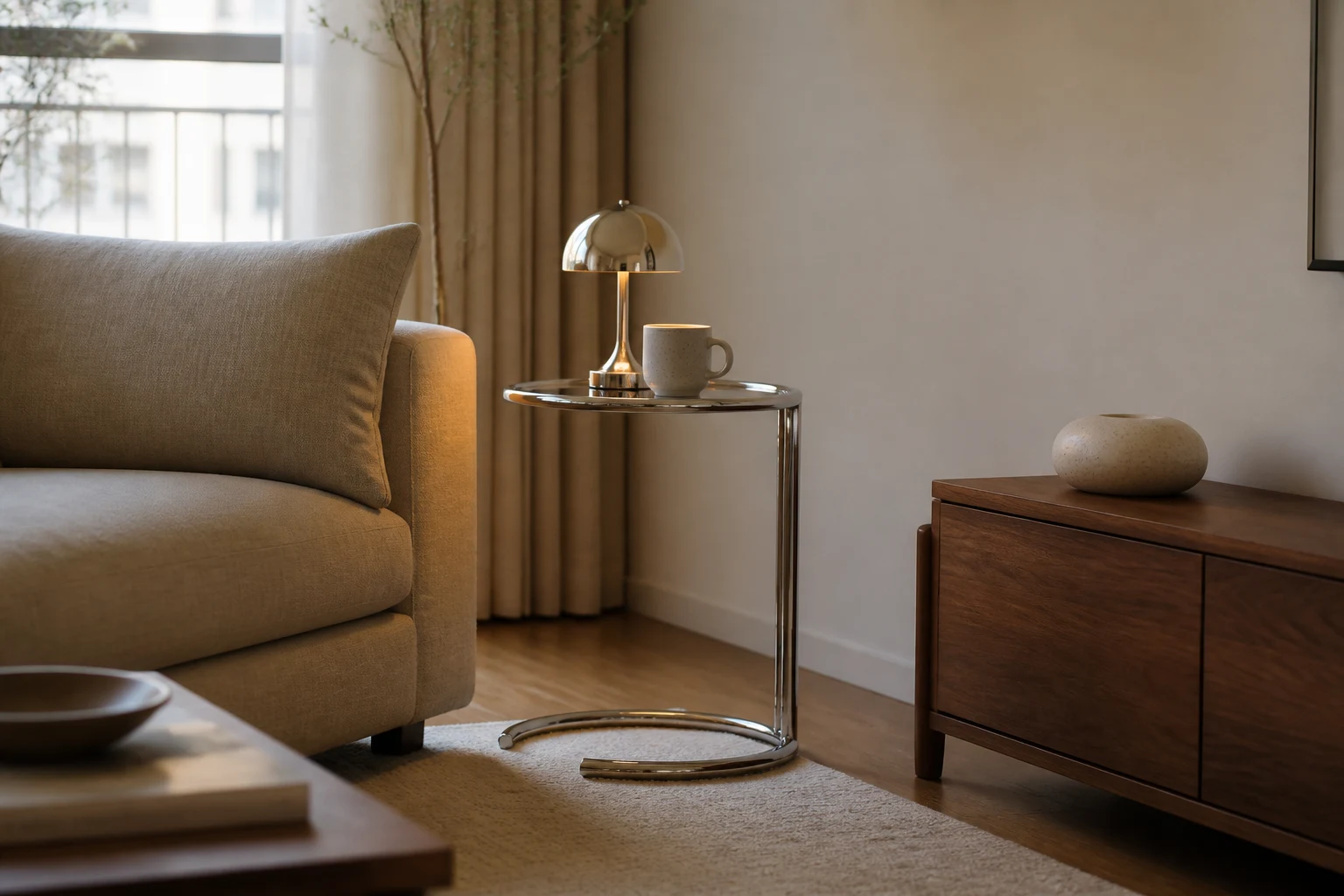 Chrome side table and silver lamp reflecting linen, walnut, and soft daylight in a warm living room