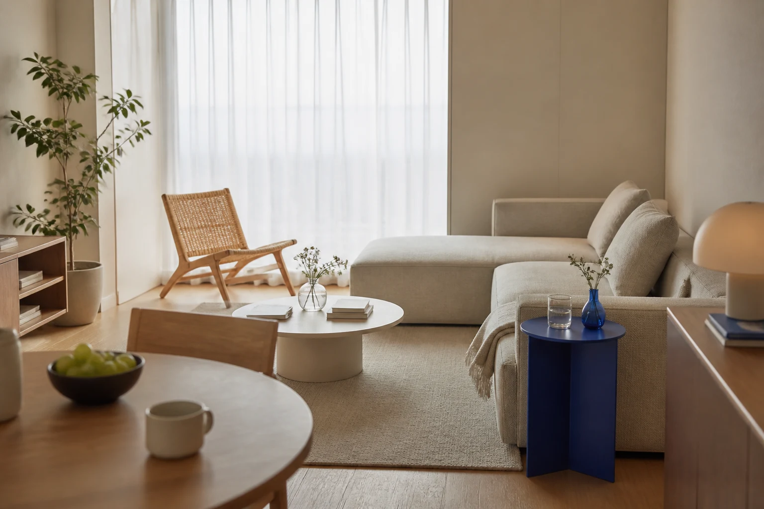 Bright neutral living room where a small accent color gives the eye a stopping point