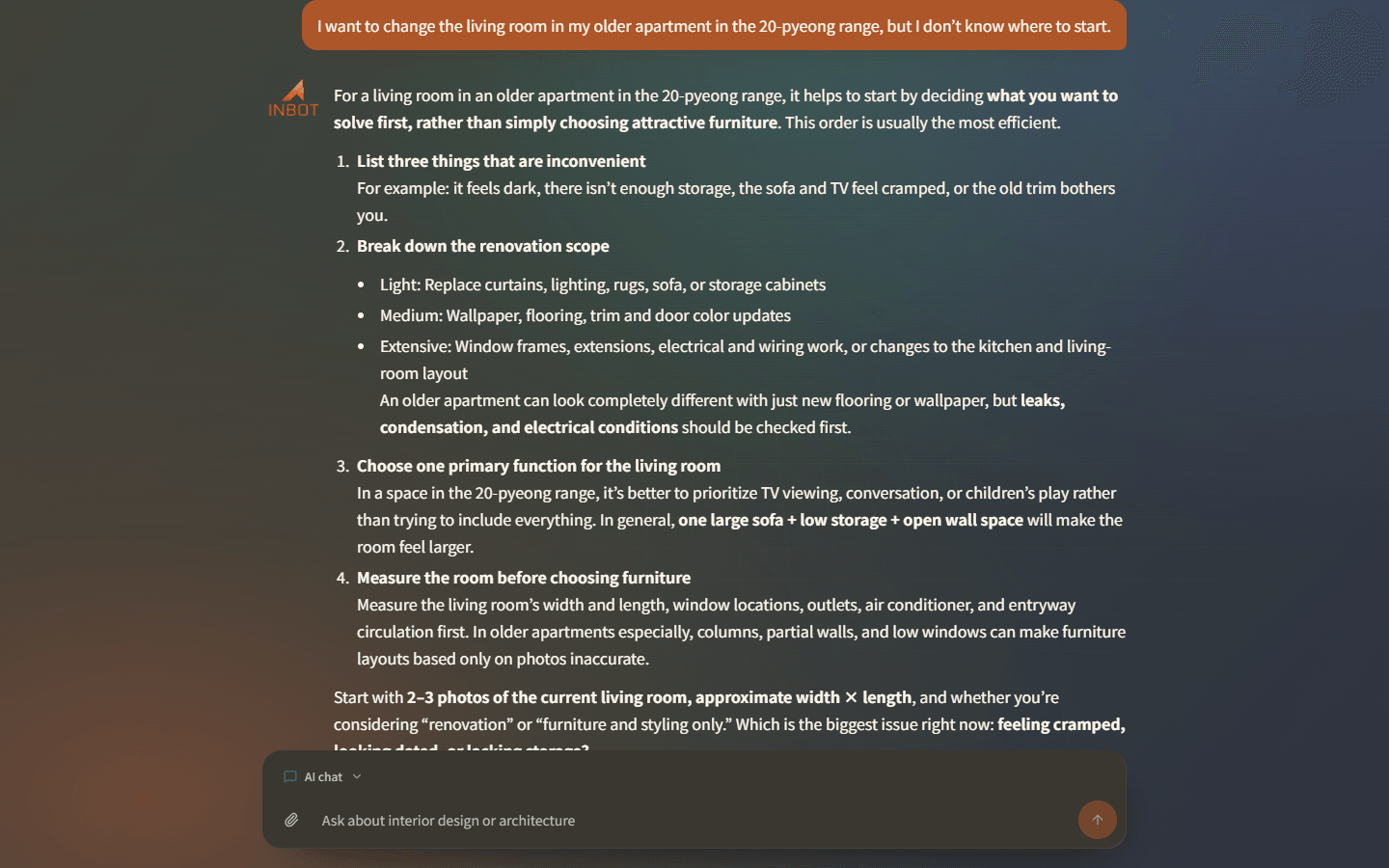 English INBOT conversation organizing a renovation question