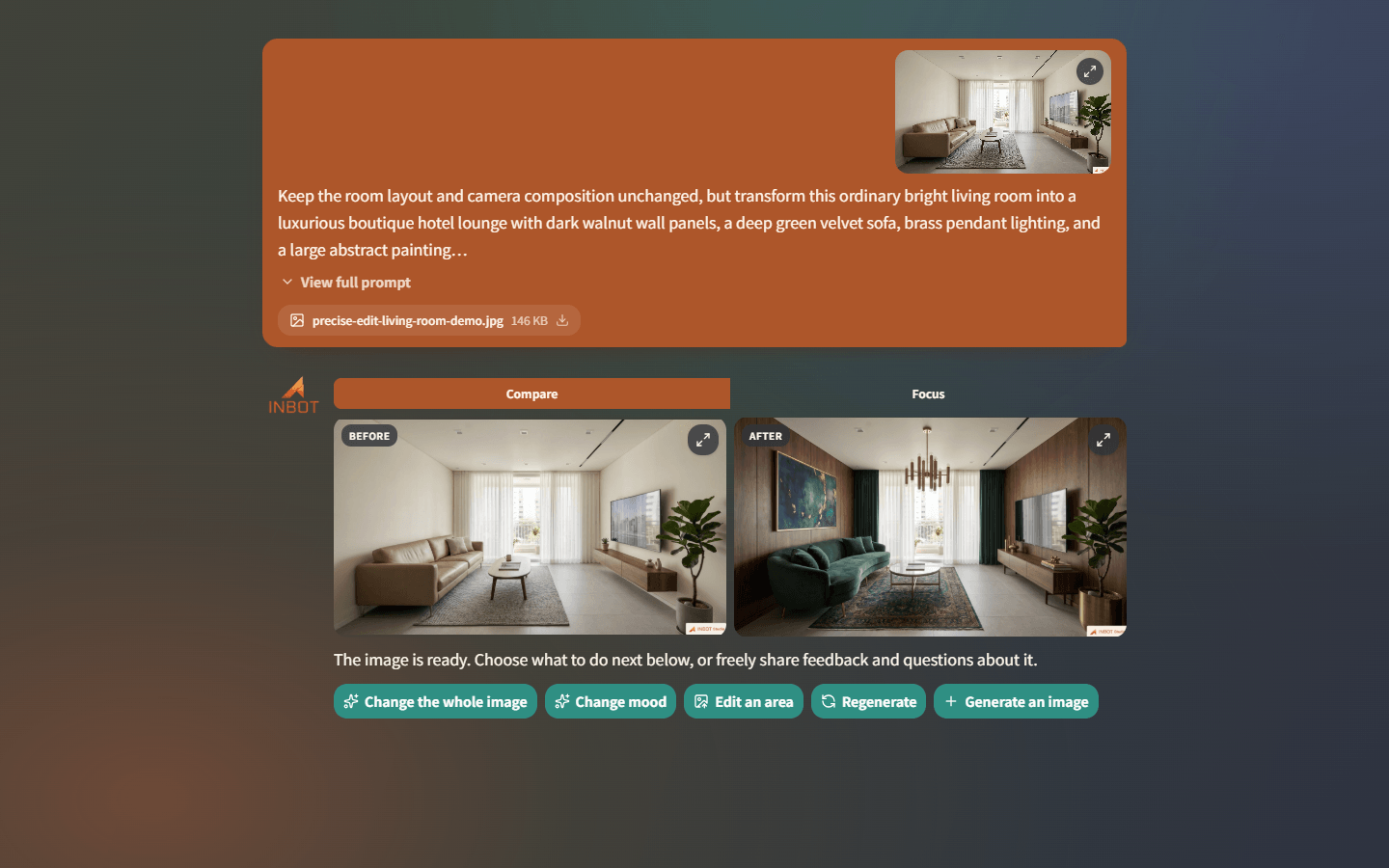 An INBOT conversation showing an existing room transformed into a new interior image