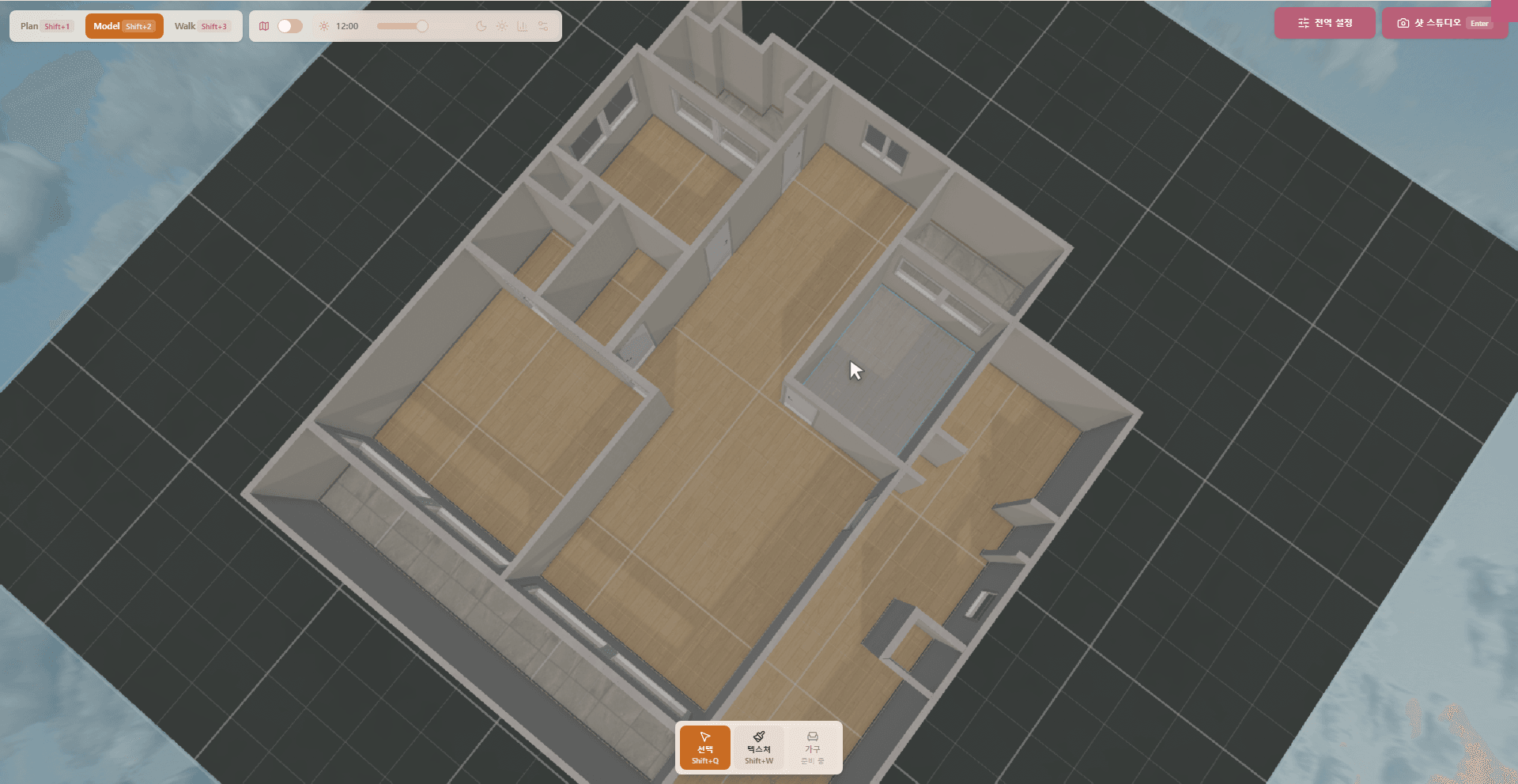 Model 뷰에서 우클릭 드래그로 카메라를 돌린 INBOT Studio 3D 모델 화면